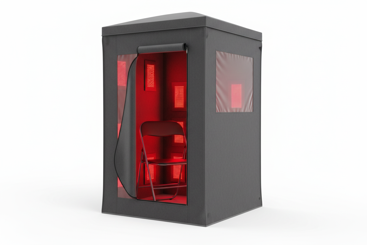 a product image of a portable sauna including red light therapy.