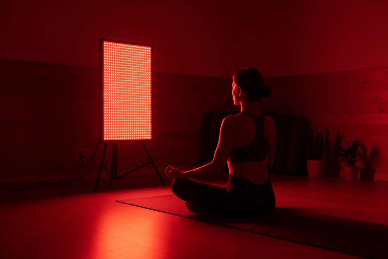 an image of a person using a red light therapy device.  make the seeting look like a yoga studio and have the room lighting predominantly from the red light device.