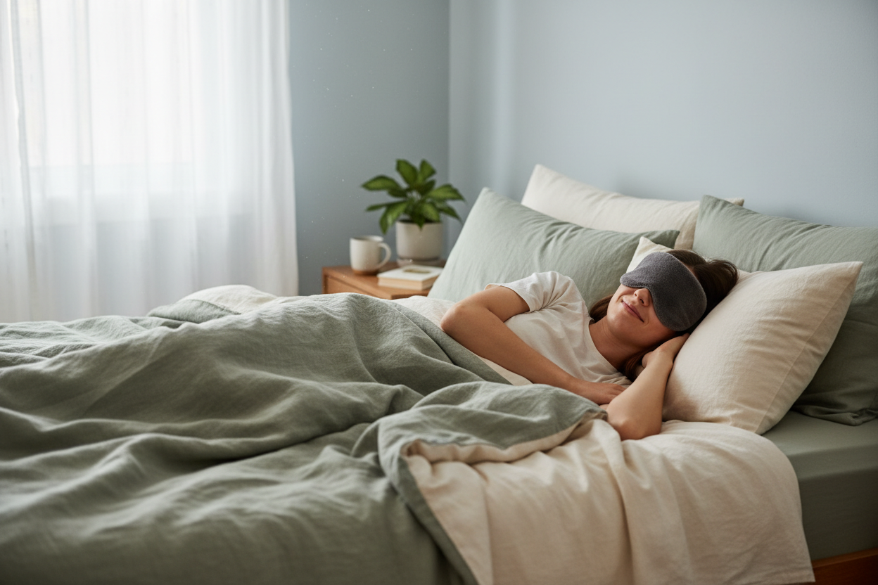 an image of someone in bed wearing a sleep mask.